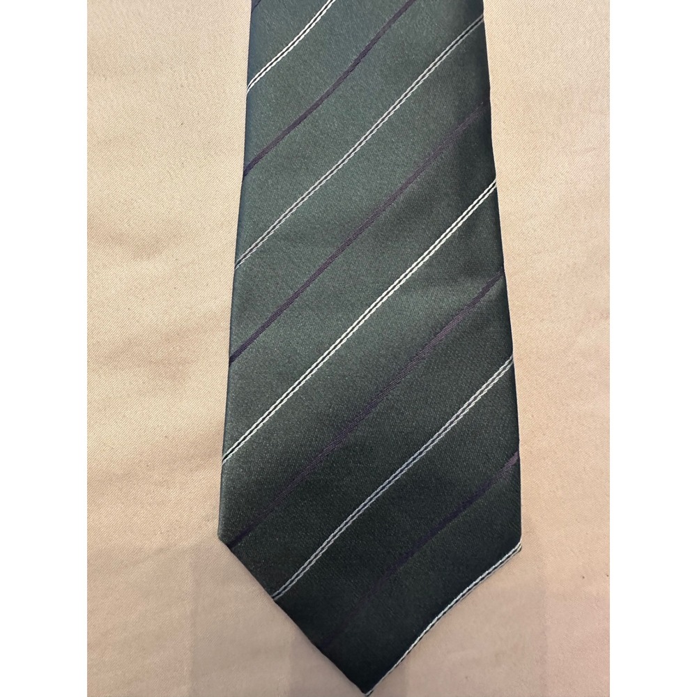 Mens Dark Green Striped Necktie Silver Purple Diagonal Stripe Formal Silk Tie
